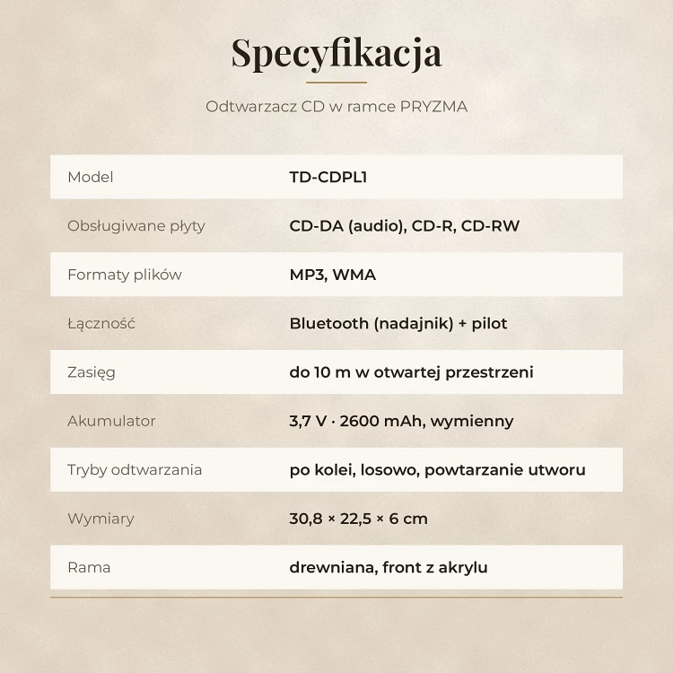 Specyfikacja techniczna odtwarzacza CD PRYZMA