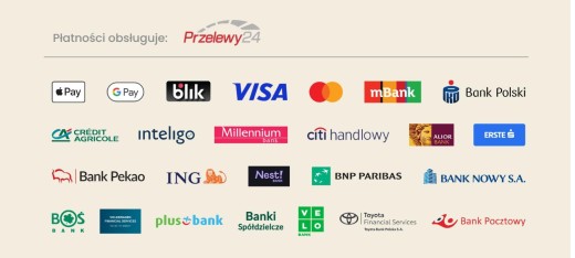 Płatności obsługuje Przelewy24 – BLIK, karty Visa i Mastercard, Apple Pay, Google Pay, przelewy bankowe
